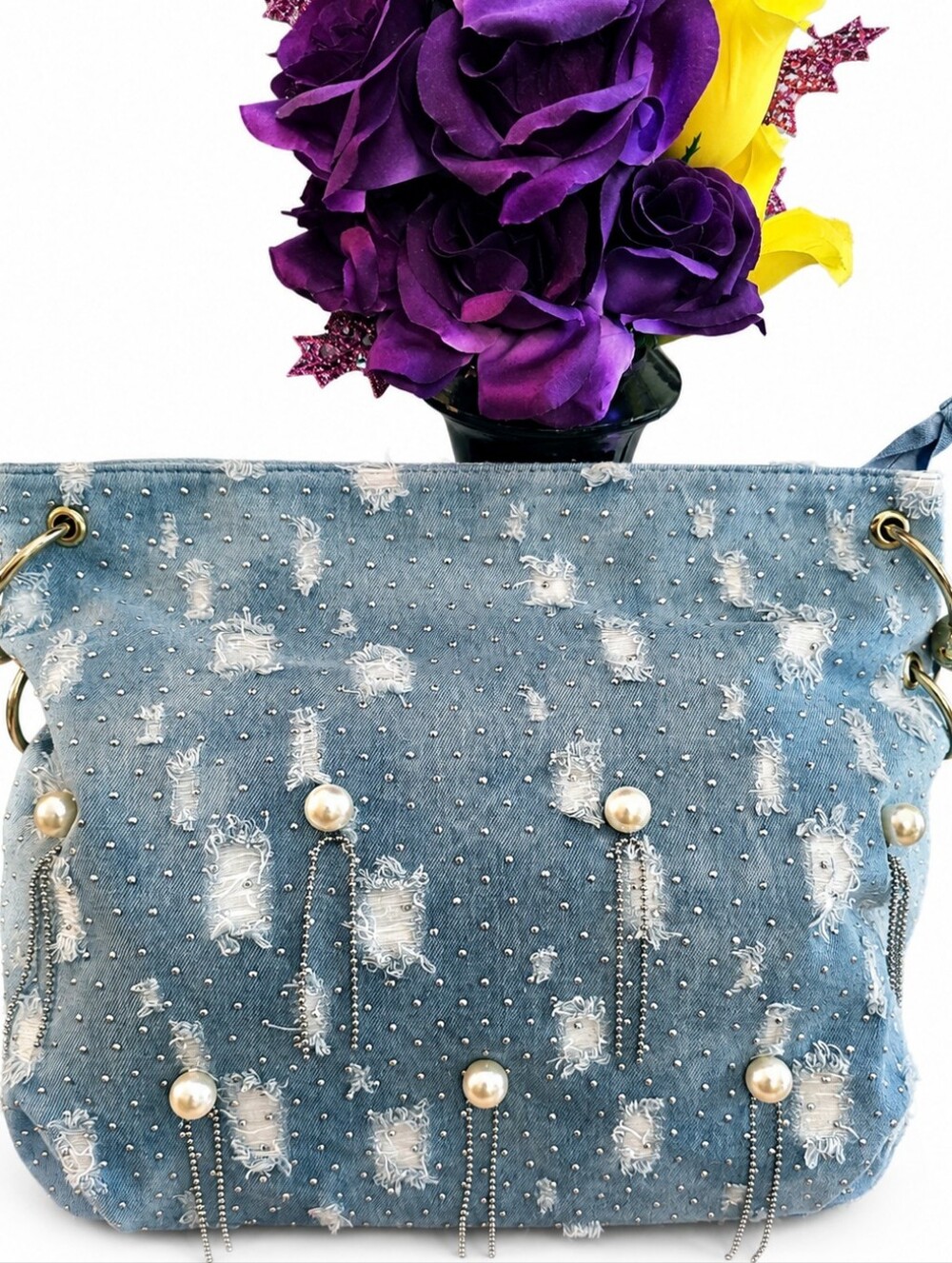 Denim Pearl-Accent Shoulder Bag - Blue